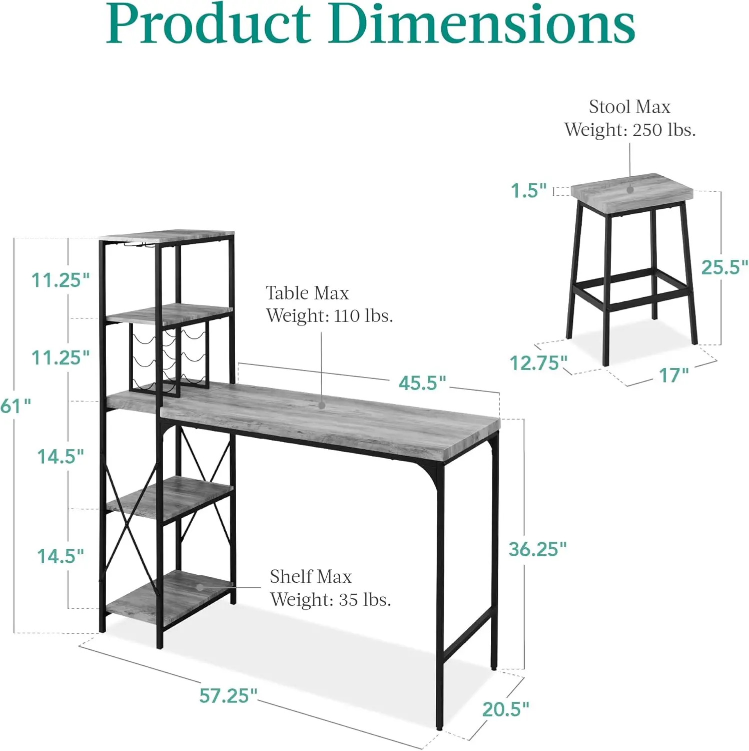 3-teiliges Esszimmerset in Thekenhöhe, Schreibtisch, Bar, Kücheninseltisch mit 2 Hockern, Weinregal und Ablageflächen – Grau
