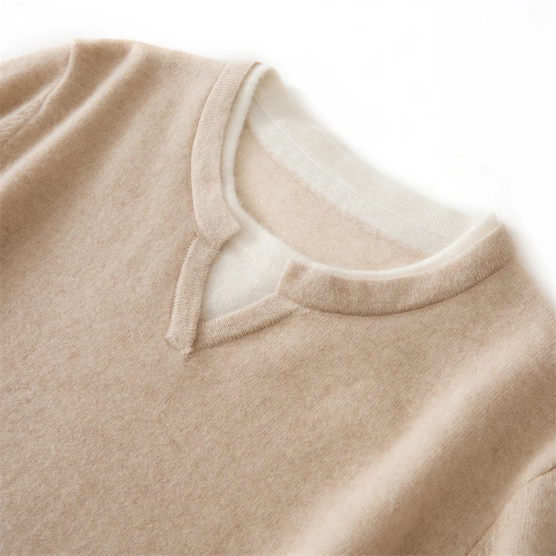 Fake two pieces of 100 pure cashmere sweater women's pullover sweater color matching round neck soft waxy cashmere sweater