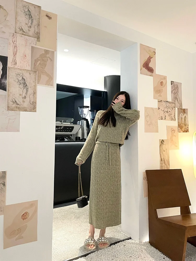 

Maste Long Sleeve round Neck Knitted Sweater Set Women Winter Mid-Length Split Half Skirt Two-Piece Set Fashionable Ensemble