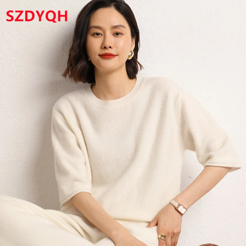 Hot Sale 100% Cashmere Sweaters Women\'s Loose Large Size Pullovers Autumn Female Casual Clothing Short Sleeve Soft Jumper Tops