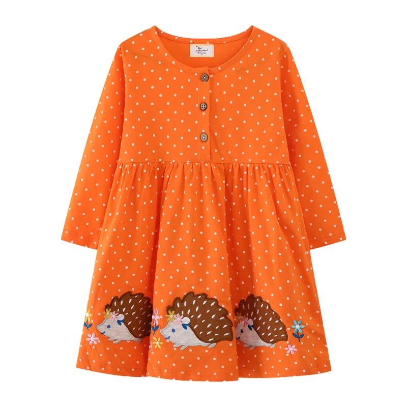 

Jumping Meters 2-7T Hedgehog Baby Long Sleeve Princess Girls Dresses Animals Applique Dots Children's School Clothing Cute Party