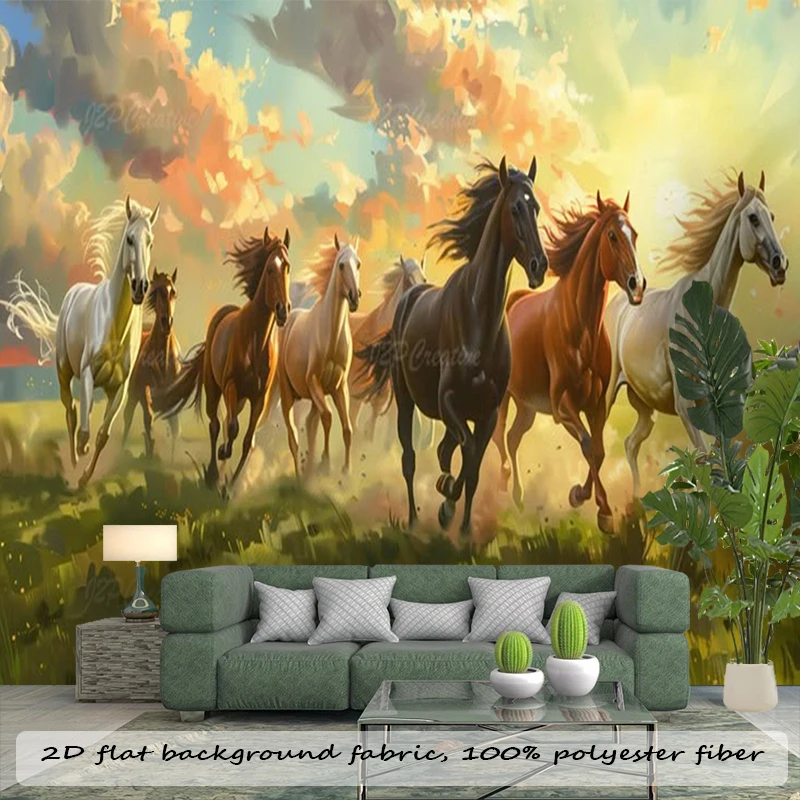 1PC Horses Sunset Painting Art Print Backdrop Banner, Bedroom Living Room Photo Background, Polyester, Home Decor, Wall Art