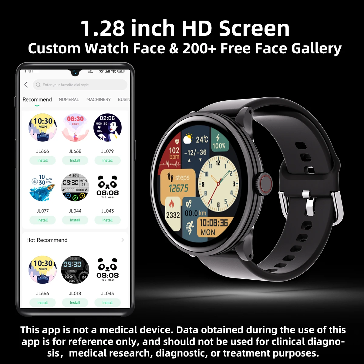 Montre intelligente de sport BT pour hommes et femmes, réponse d'appel, message, santé, podomètre, pas, calories, suivi d'activité, iPhone, Android, 1.28"