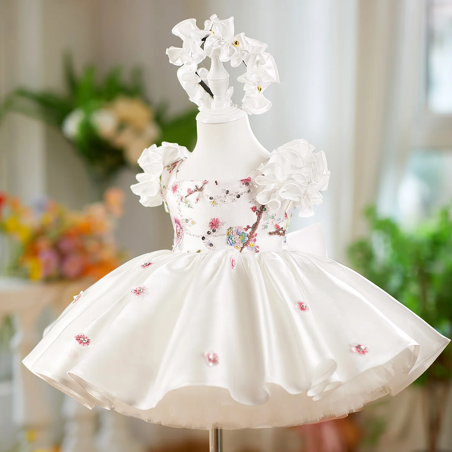 Dreamy Vow J026 Elegante Dubai Abito da ragazza bianco Fiori 3D con fascia per capelli per bambini Matrimonio Compleanno Comunione Festa Spettacolo 2025