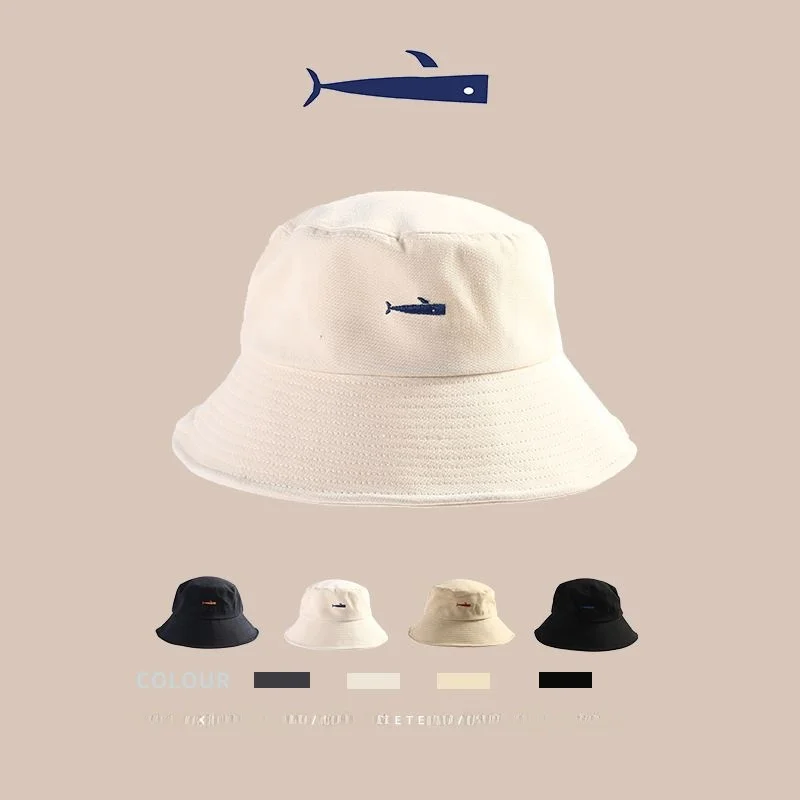 クジラ刺繍フィッシャーマンハットユニセックス夏の日焼け止めワイドつばフェイスカバーハット韓国スタイルのトレンディなバケットキャップ