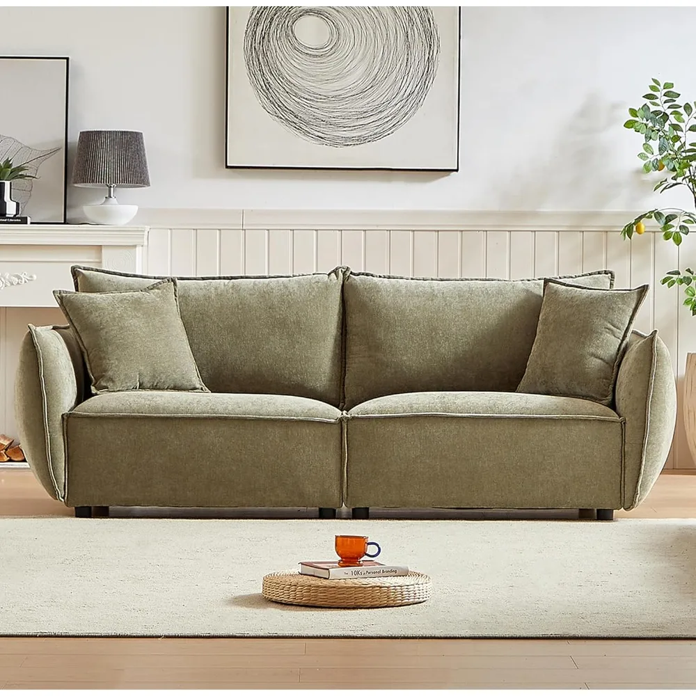 Divano componibile modulare a 3 posti, divanetto imbottito in stile minimalista, divano in ciniglia a seduta profonda con 2 cuscini, per soggiorno