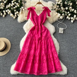 French Vintage cut out Embroidery bow Bandage slip Dress A-line Chic Casual Beach Vacation Women Summer dresses