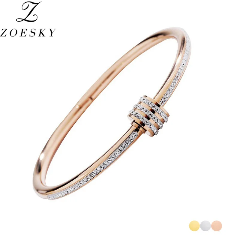 Zoesky Classic Pretty Waist Zircon Bracelet For Women Titanium Steel Rose Gold Rotating Opening Bangles Wedding Party Jewelry