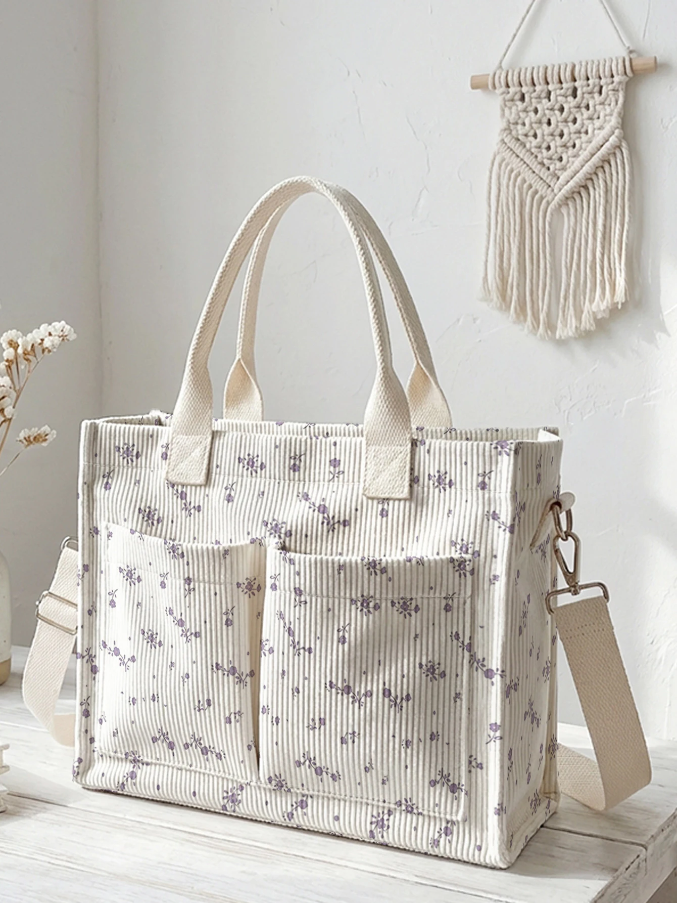 

Delicate Purple Floral Print Corduroy Tote Bag Large Capacity Multi Pocket Floral Lover Commuter Shoulder Bag