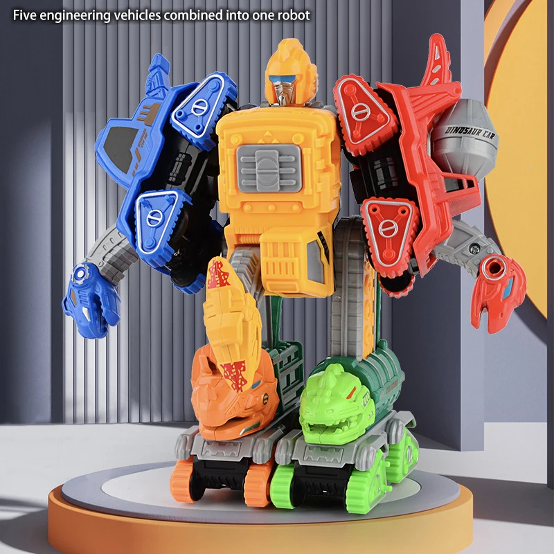 5 IN 1 Transformation Construction Vehicle Robot Alloy Action Figure Model Children Toy Dinosaur Engineering Vehicle Fire Truck