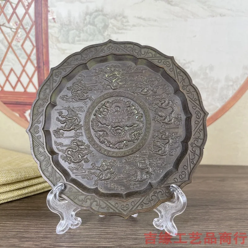 Antique Qing Jiulong Plate Antique Miscellaneous Collection Home Crafts Decoration Alloy Plate