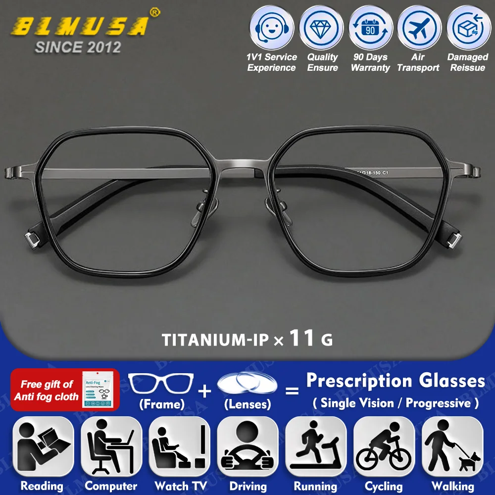 

BLMUSA (L) Versatile Ultralight Pure Titanium Progressive Glasses High Quality Men Anti Blue Light Myopia Optical Eyeglasses