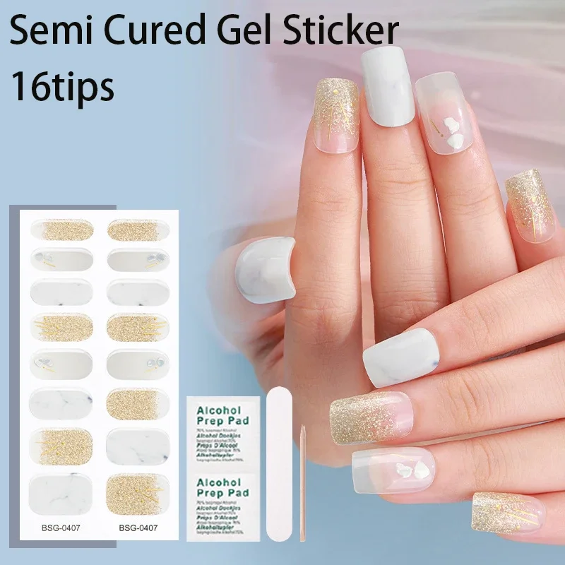 16Tips Semi-Cured Gel Nagel Patch Slider Lijm Waterdichte Langdurige Aurora Volledige Cover Gel Nagelstickers Uv Lamp Nodig