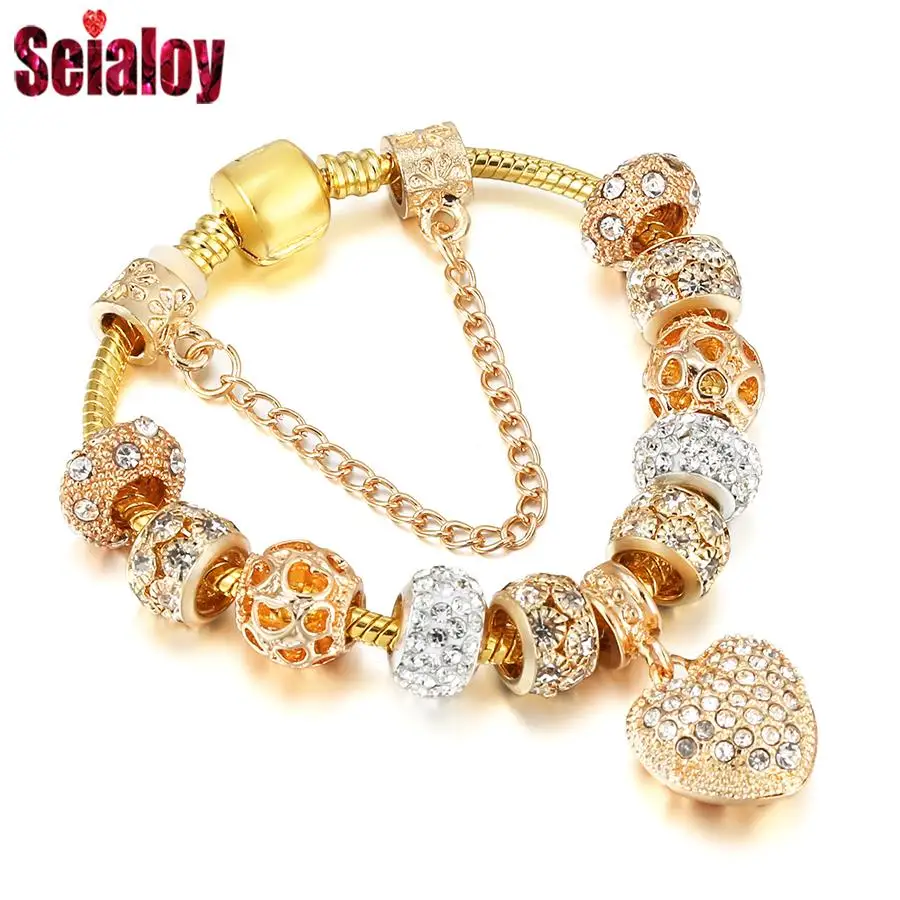 Seialoy Heart Charm Bracelets For Women Shiny Heart Crystal Bead Gold Color Bracelet & Bangle Fashion Jewelry Gift