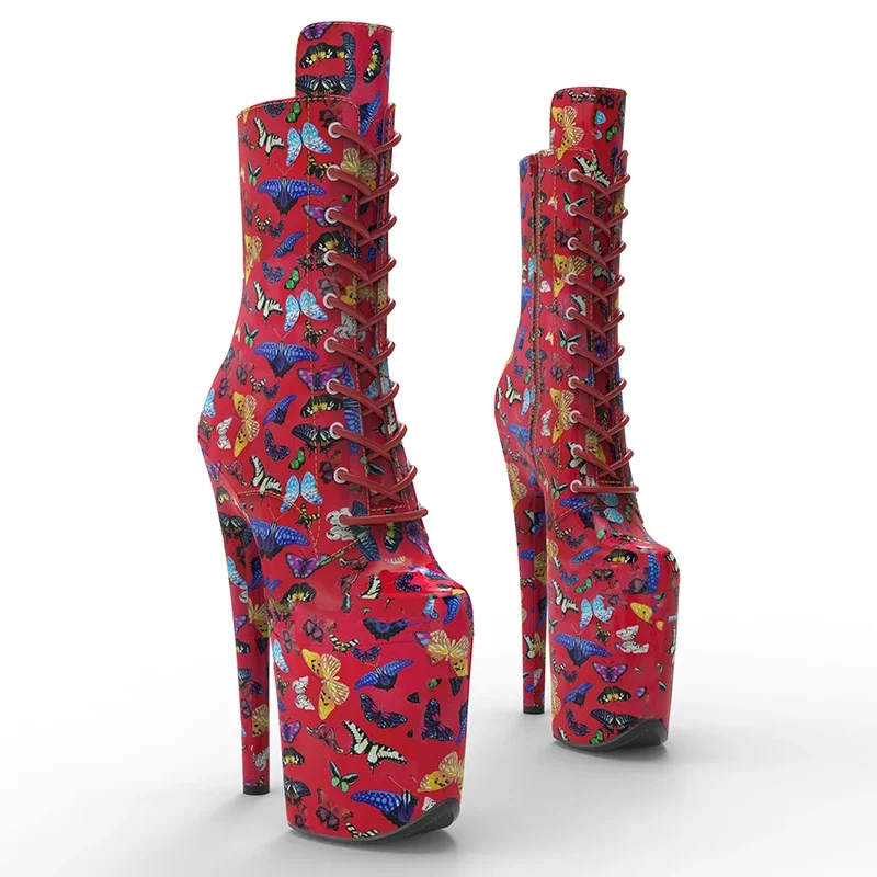 Leecabe 20CM/8 pulgadas PU superior patrón de mariposa zapatos de baile de barra tacones altos bota de baile en barra