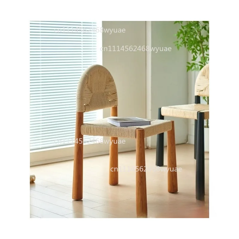 Medieval grass rope dining chair Nordic solid wood casual back chair household Japanese simple retro chair