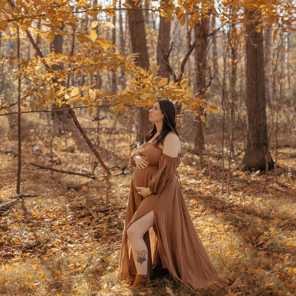 البوهيمي صور اطلاق النار فستان الحمل لينة الكتان القطن قبالة الكتف مطوي حافة فستان النساء الحوامل التصوير فستان #3