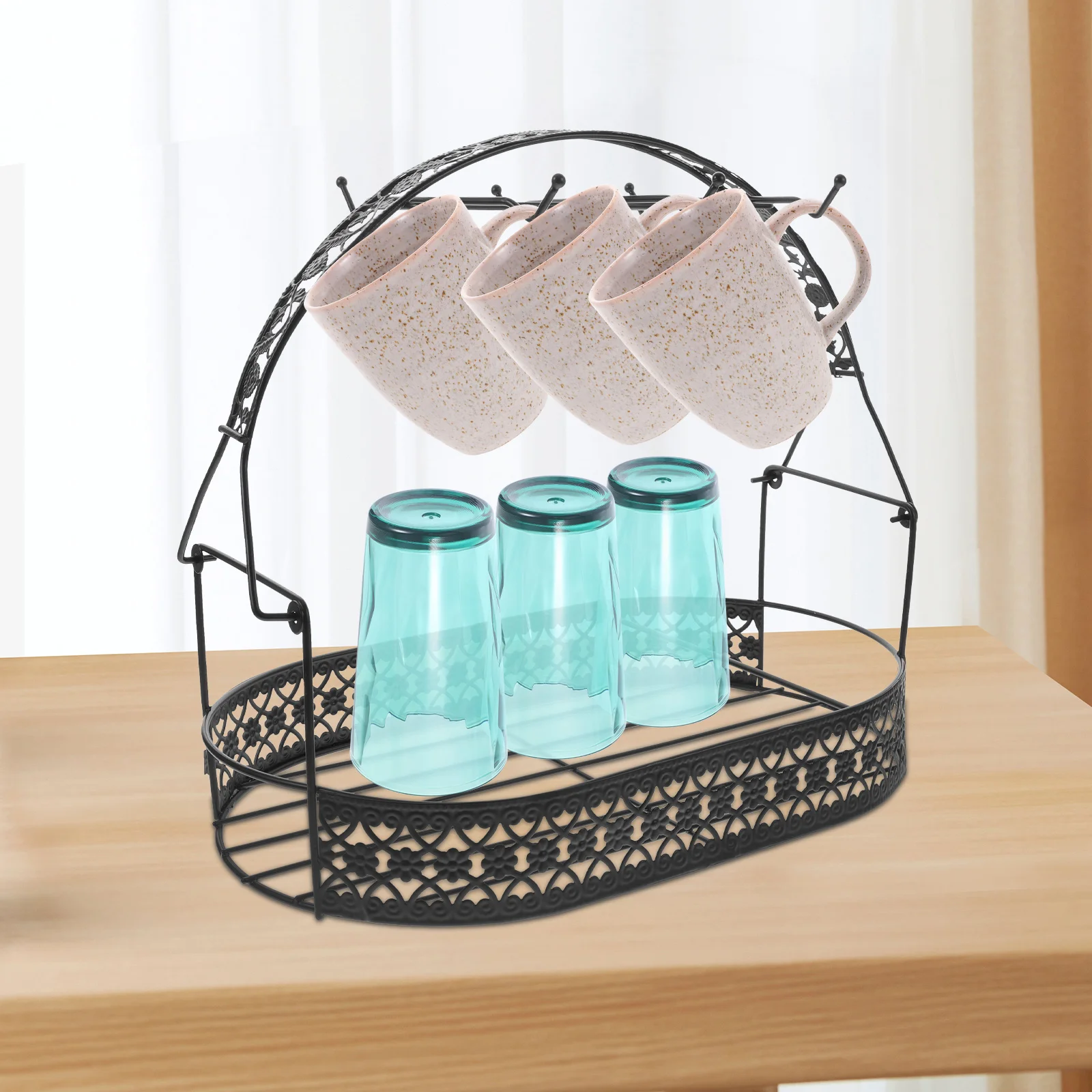 

6-крючок, черная железная полка для чашек, современная стойка для кофейных кружек, корзина для хранения, кухонный органайзер, экономия места, настенное крепление, дисплей