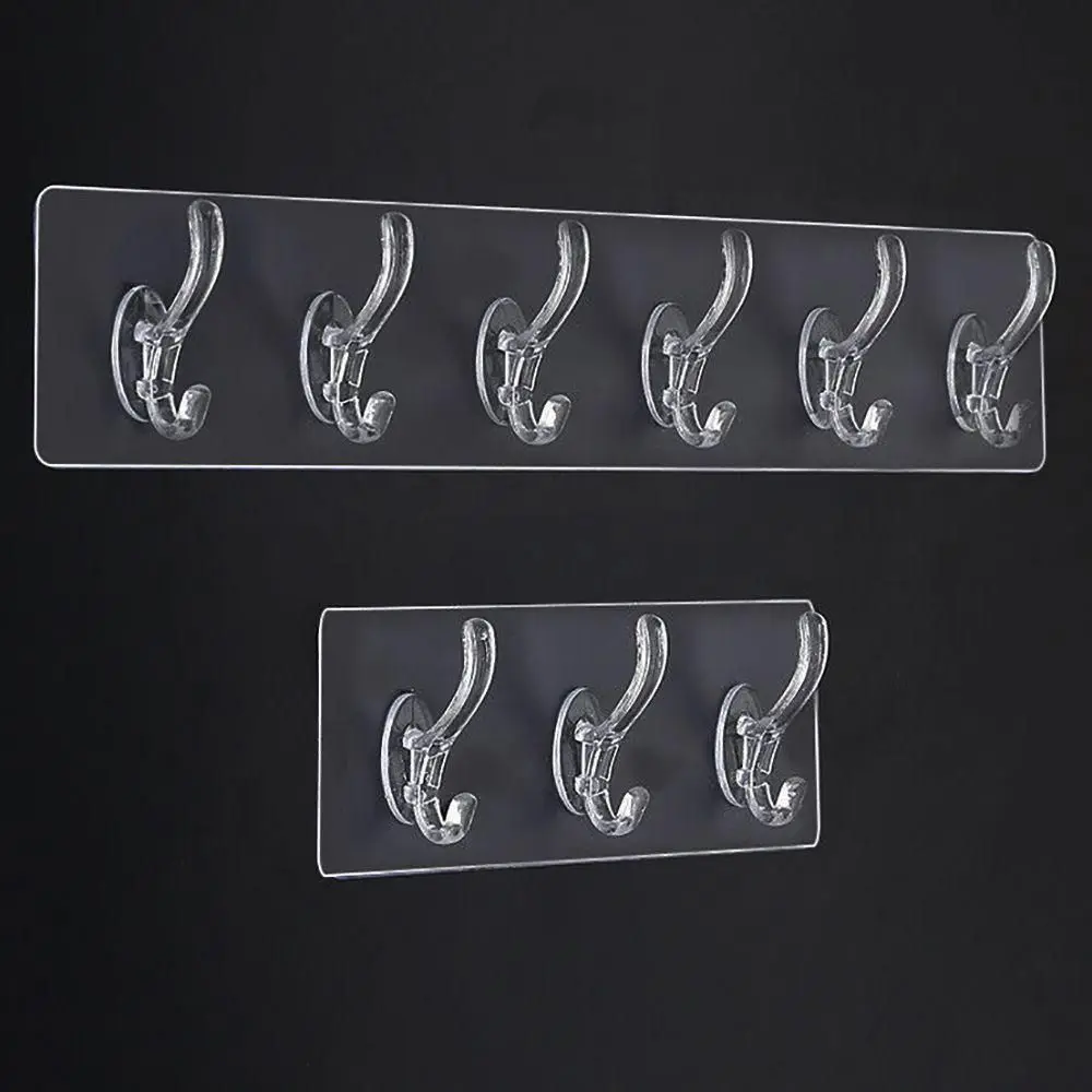 1/3/5/6 Row Wall Hanger Hook New Punch Free Transparent Multi-Purpose Hooks Self Adhesive Multifunctional Hanging Rack Bathroom