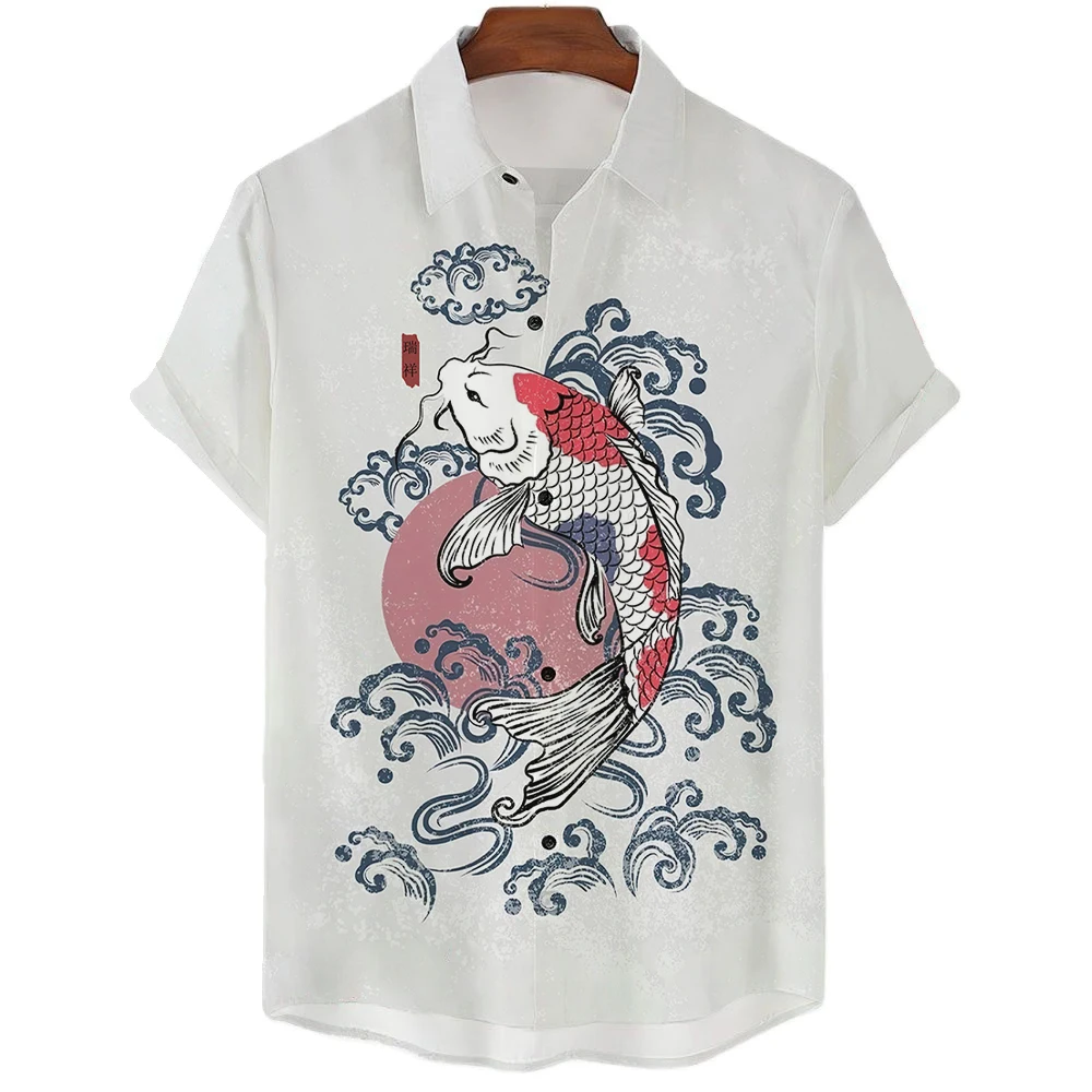 Hawaiian Shirt For Japanese Men Harajuku Koi Fish 3D Printing Shirts Summer Fashion Street Beach Tops Oversized Unisex Clothing