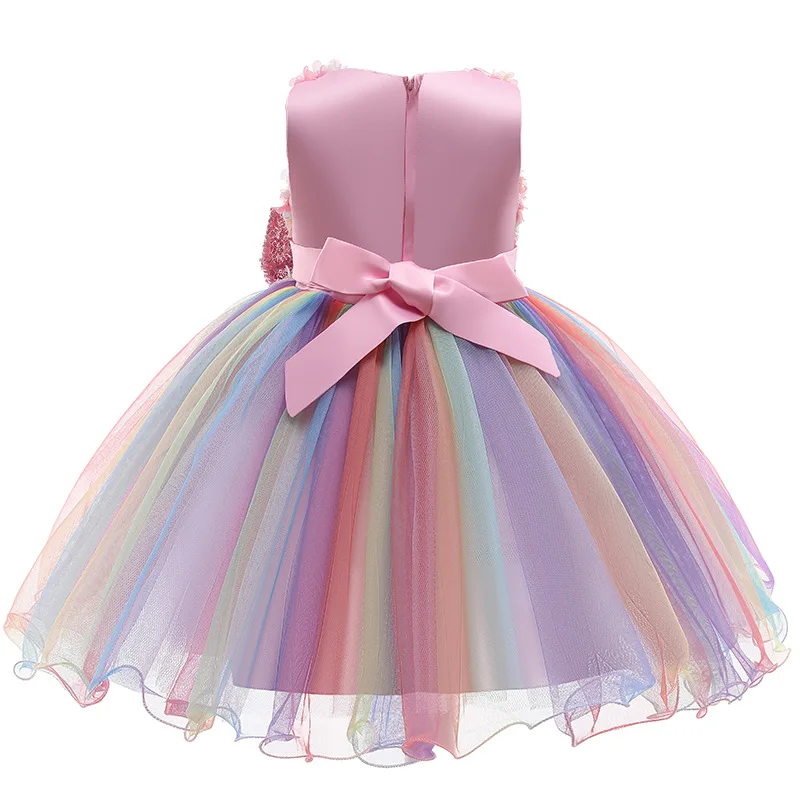 Girls Flower Sequins Tulle Rainbow Tutu Skirt Kids Princess Ball Gown For Baby Wedding Birthday Party Christening Festival Dress