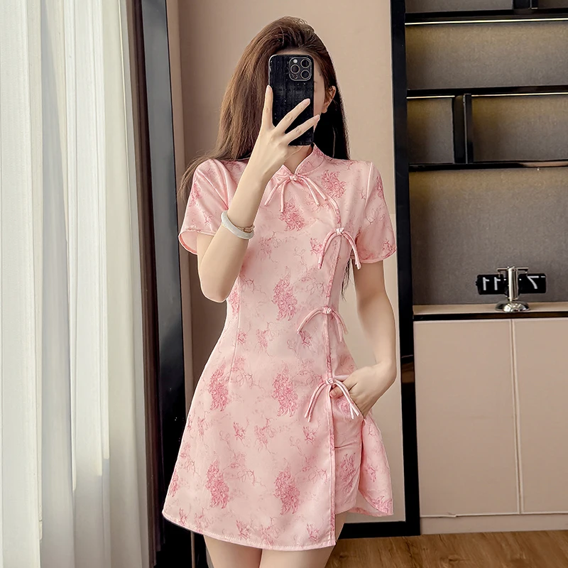 2026 New Chinese Style Floral Cheongsam Set - Sweet Pink 2 Piece Qipao Dress with Shorts, Elegant Spring Summer Outfit view 4