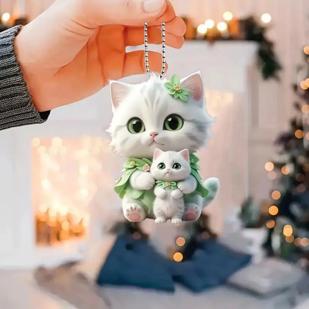 2D Flat Green Cloaked Kitten Cat Drinking Milk Tea Acrylic Keychain Car Rearview Mirror Bag Animal Hanging Pendant Accessories