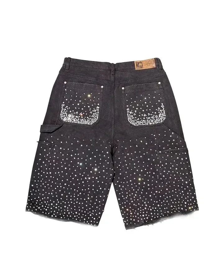Y2k Streetwear ผู้หญิง Vintage Rhinestone เลื่อมกางเกงยีนส์กางเกงขาสั้นกางเกงยีนส์ Hip Hop Baggy Denim Gym กางเกงขาสั้นบาสเกตบอลกางเกงขาสั้น