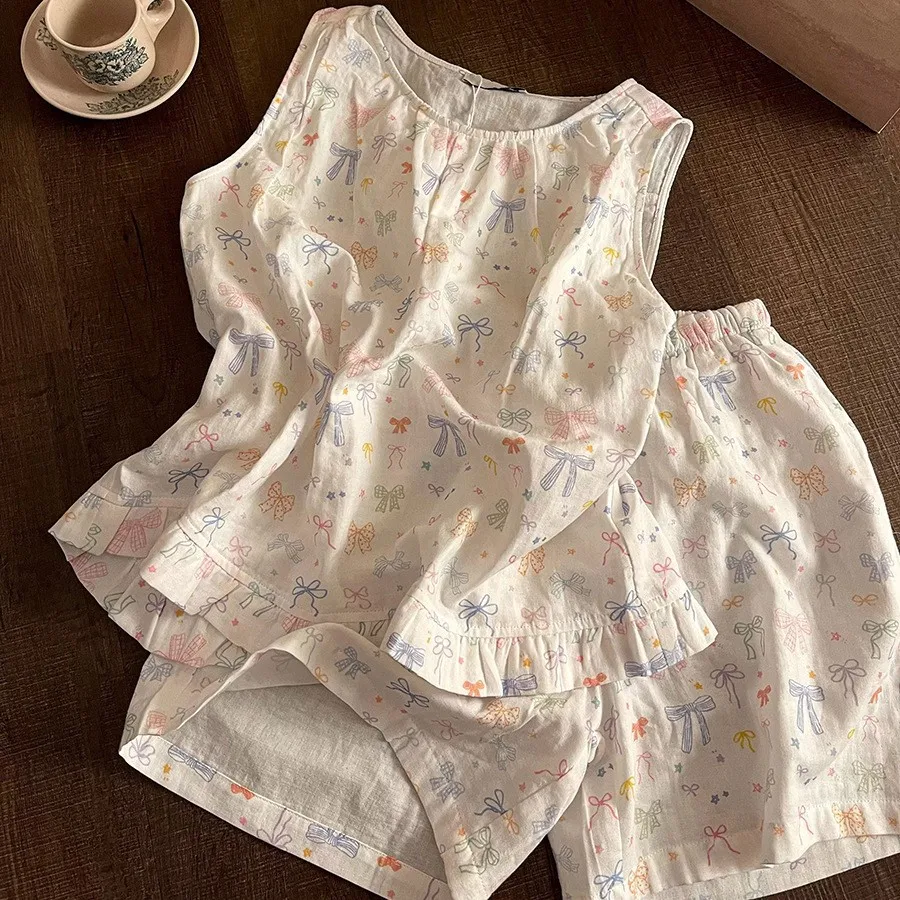 Korean version of large size color bow printing sleeveless pajamas women's summer new cute shorts set homewear