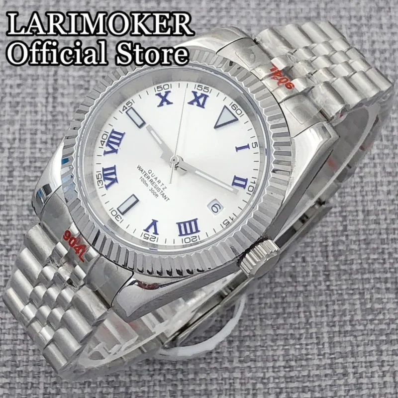 LARIMOKER 36 مللي متر/39 مللي متر الياقوت الزجاج الفولاذ المقاوم للصدأ ساعة فضية للرجال روندا 515-24H حركة الكوارتز 100 متر ساعات مقاومة للماء