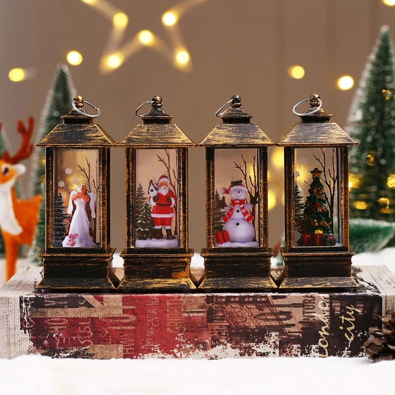 Christmas Glittering Lantern Santa-Claus/Xmas Tree/Snowman/Angel Lighted Lantern Home Table Decoration Gift for Kids B03E