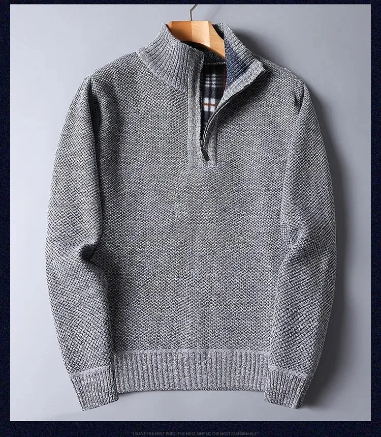 Herbst Winter männer Gepolsterte Pullover Mock Neck Halb Zipper Warme Verdickt Einfarbig Casual Pullover Männlichen Mode Strickwaren – Detail 12