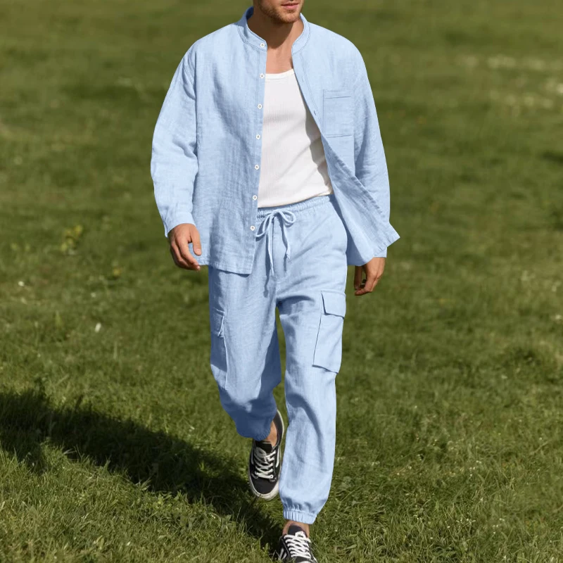 Ensemble deux pièces en lin respirant pour homme avec chemise à col montant à manches longues et pantalon de travail, tenue décontractée d'été pour la plage