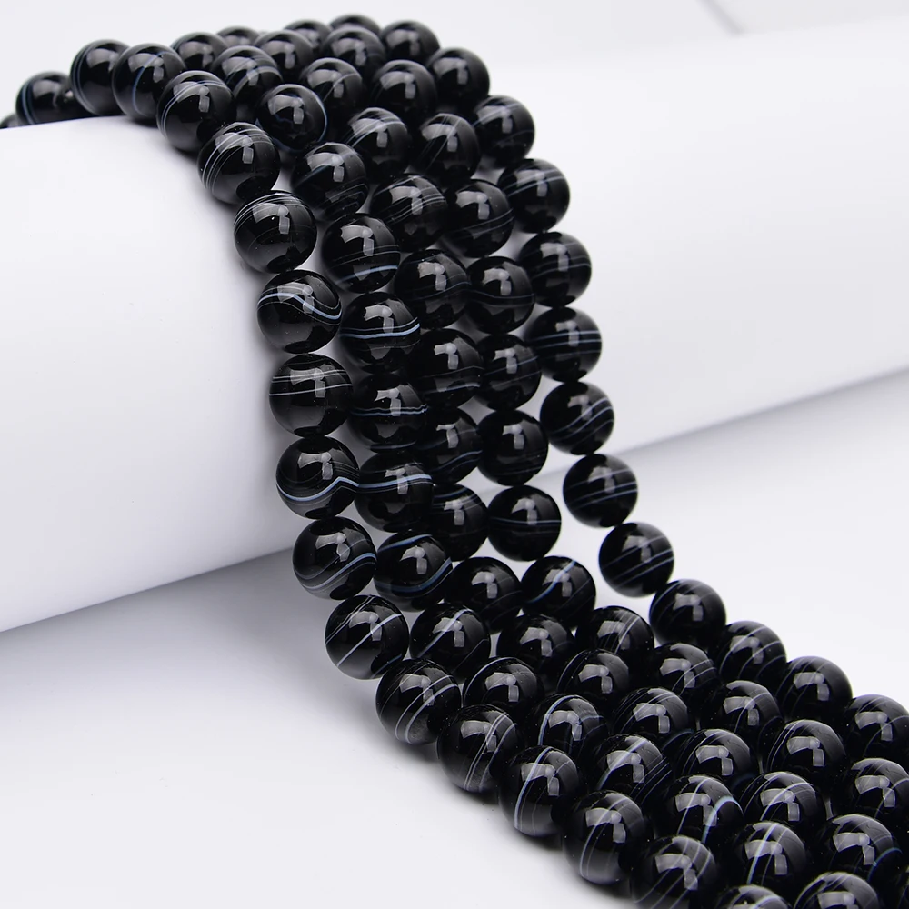 APDGG Big 16mm Natural Black Stripe Agate Rare Round Stone Loose Beads 16'' Strand Jewelry DIY