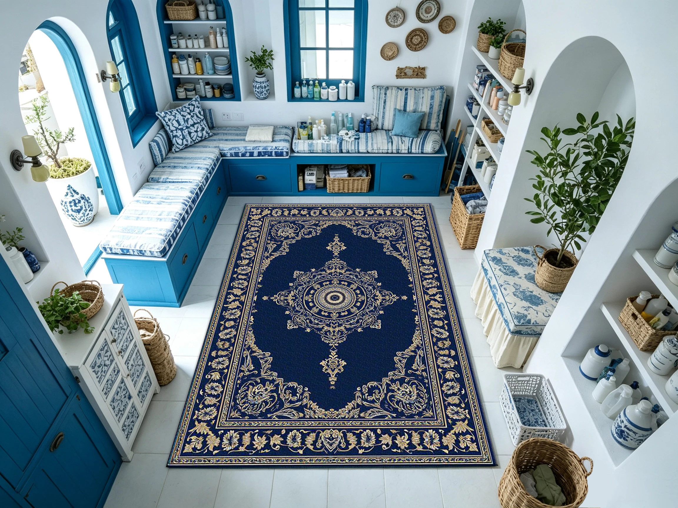 Luxurious Dark Blue Medal Pattern Carpet Floor Classic European Style Home Decoration Carpet
