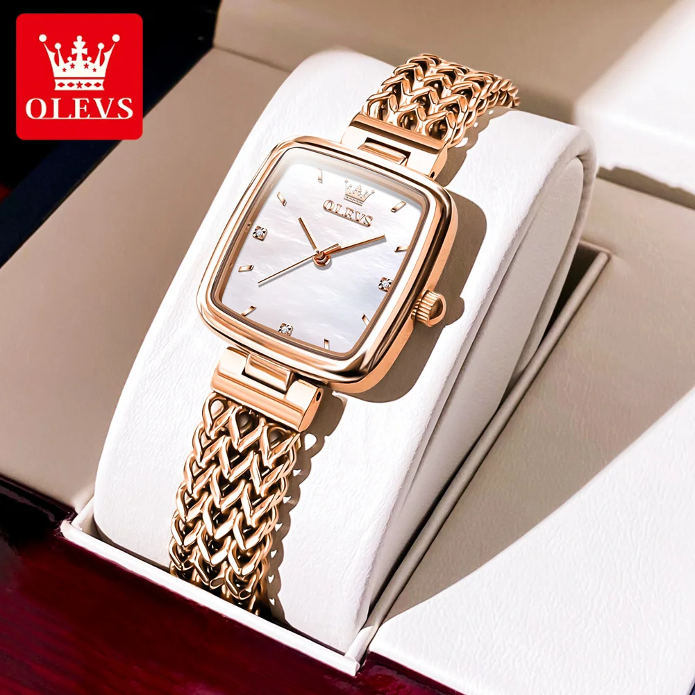 OLEVS 9951 Luxury Quartz Watch for Women Solid Stainless Steel Strap Rose Gold Women\'s Watches Elegant Square Ladies Wristwatch