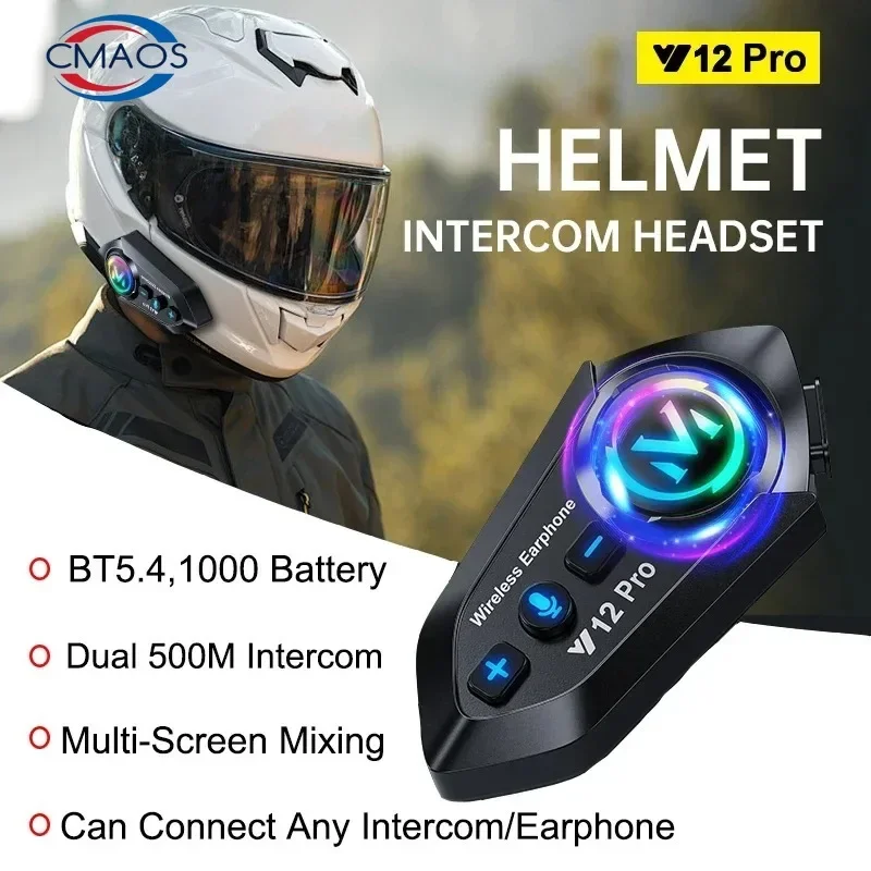 Intercom pour casque de moto Y12 Pro V5.4, kit mains libres pour appels, portée 500 m, pour 2 motards, interphone moto, partage de musique