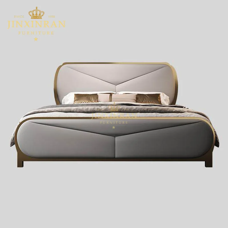 Cream Leather Upholstered Bed King Size V Shape Stitched Headboard Gold Trim Wood Frame Double Queen Size Bed Bedroom Furniture