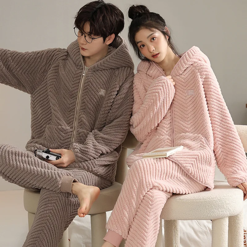 Pijamas de franela de manga larga para hombre, ropa de dormir de lana de Coral, conjuntos de pijamas cálidos, ropa de casa coreana Kawaii, Invierno