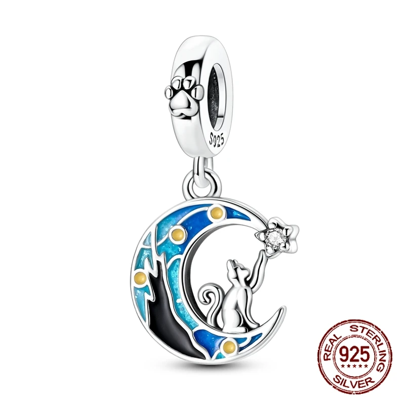 

925 Sterling Silver Moon Cat Reaching Star Dangle Charm Blue Enamel Galaxy Bead Fit Bracelets Jewelry Gift for Women Girls