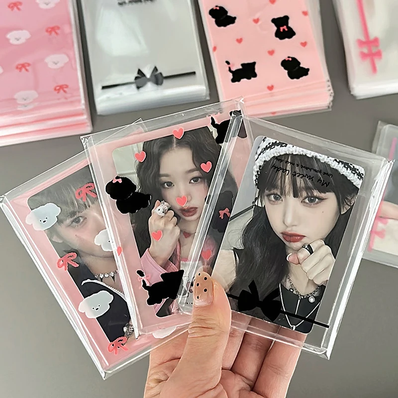 50Pcs Transparent Photocard Card Sleeves Bow Self-adhesive Opp Bag Kpop Idol Photo Cards Protective Storage Bag