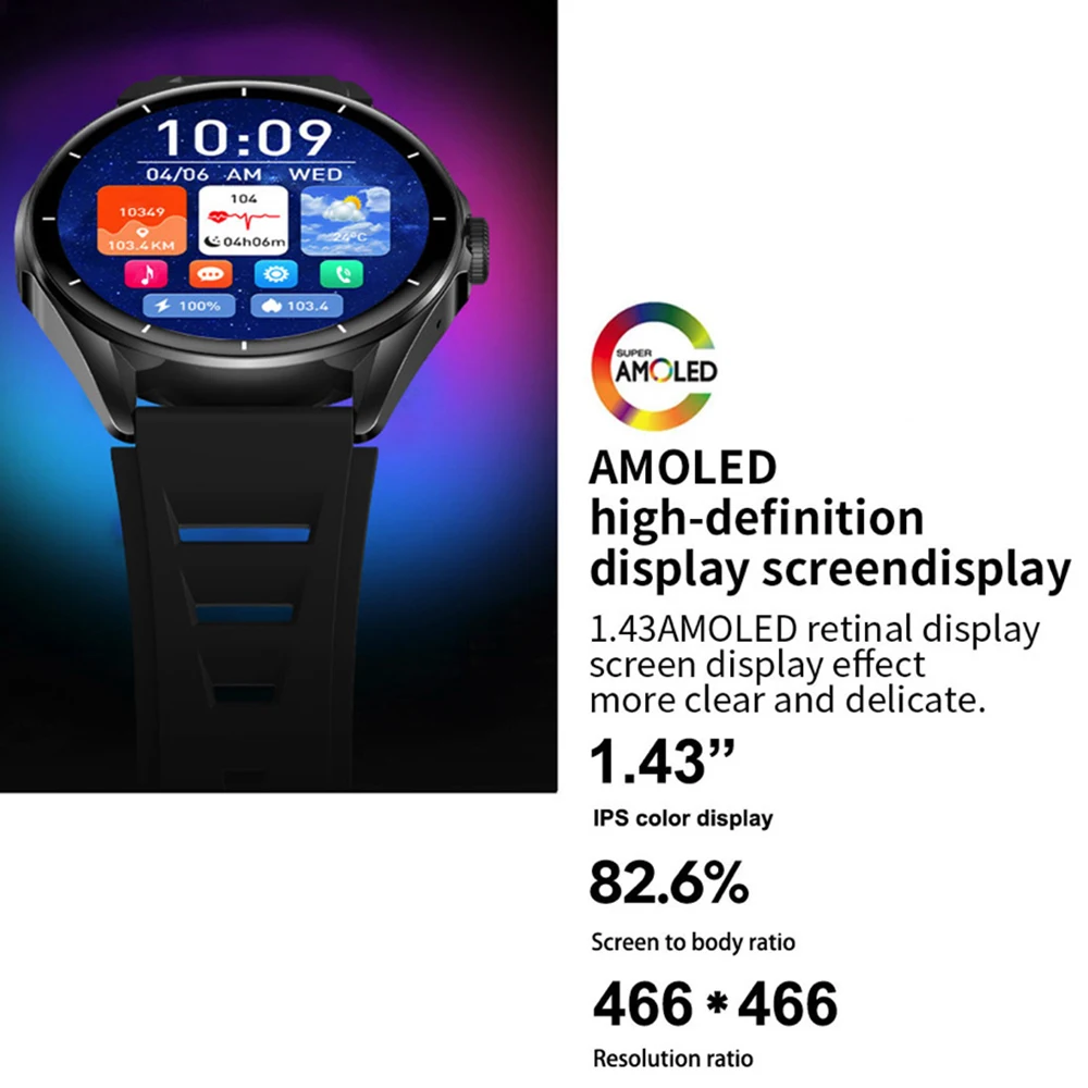 New Men Women 1.43" AMOLED Screen Blue Tooth Call Sports Fitness Smartwatch 24H Heart Rate Smart Watch Waterproof Watches Music