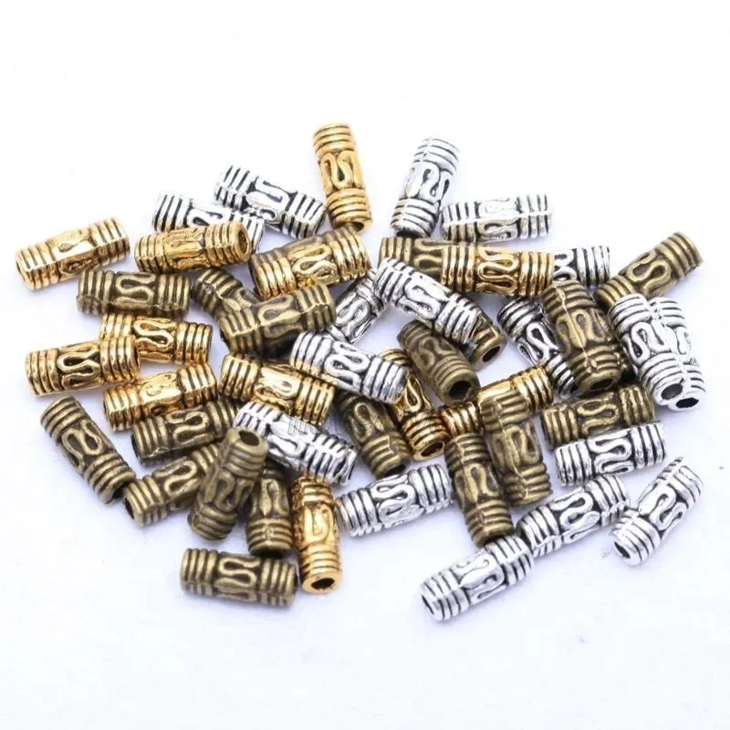 50Pcs 8x3mm Antique Silver Gold Tone Column Tube Spacer Metal Tibetan Beads Needleworks For DIY Bracelets Jewelry Making Finding