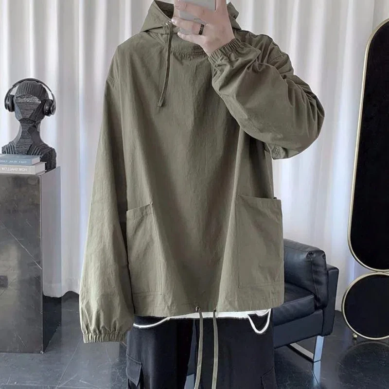 Vintage Simplicity Pockets Patchwork Hoodies Spring Autumn Long Sleeve Solid Loose Trend Tops Tees Korean Fashion Men Clothing