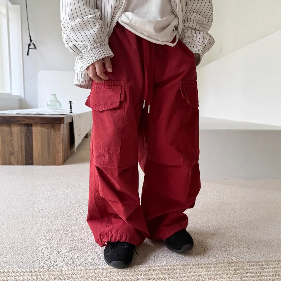 Kids American Fashion Oversized Cargo Pants Boys Girls Baggy Wide-Leg Trousers with Solid Color Floor-Length Design