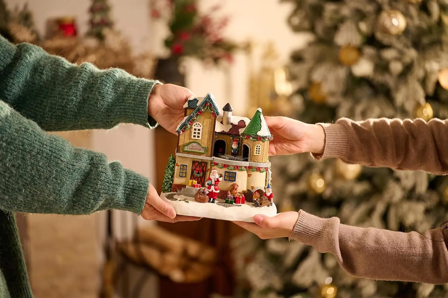 Taller de Papá Noel iluminado con pueblo navideño, estatuilla giratoria con música y luces LED, decoración navideña de 10 pulgadas