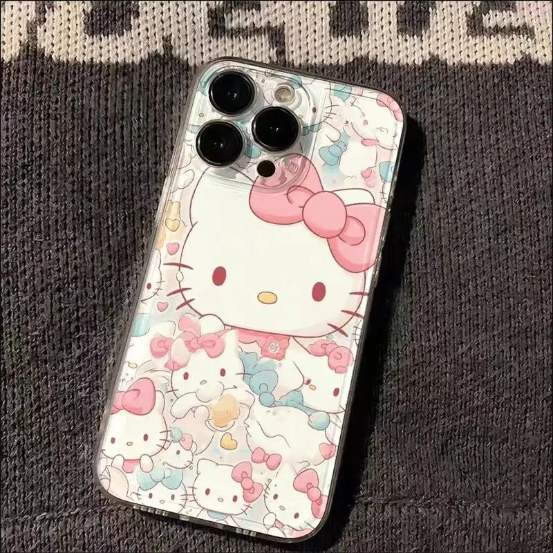 Sanrio Full Screen Hello Kitty Happy Phone Case For iPhone 16 15 14 13 11 12 Pro Max X XS XR 7 8 Plus Y2K Lovely Clear Cover