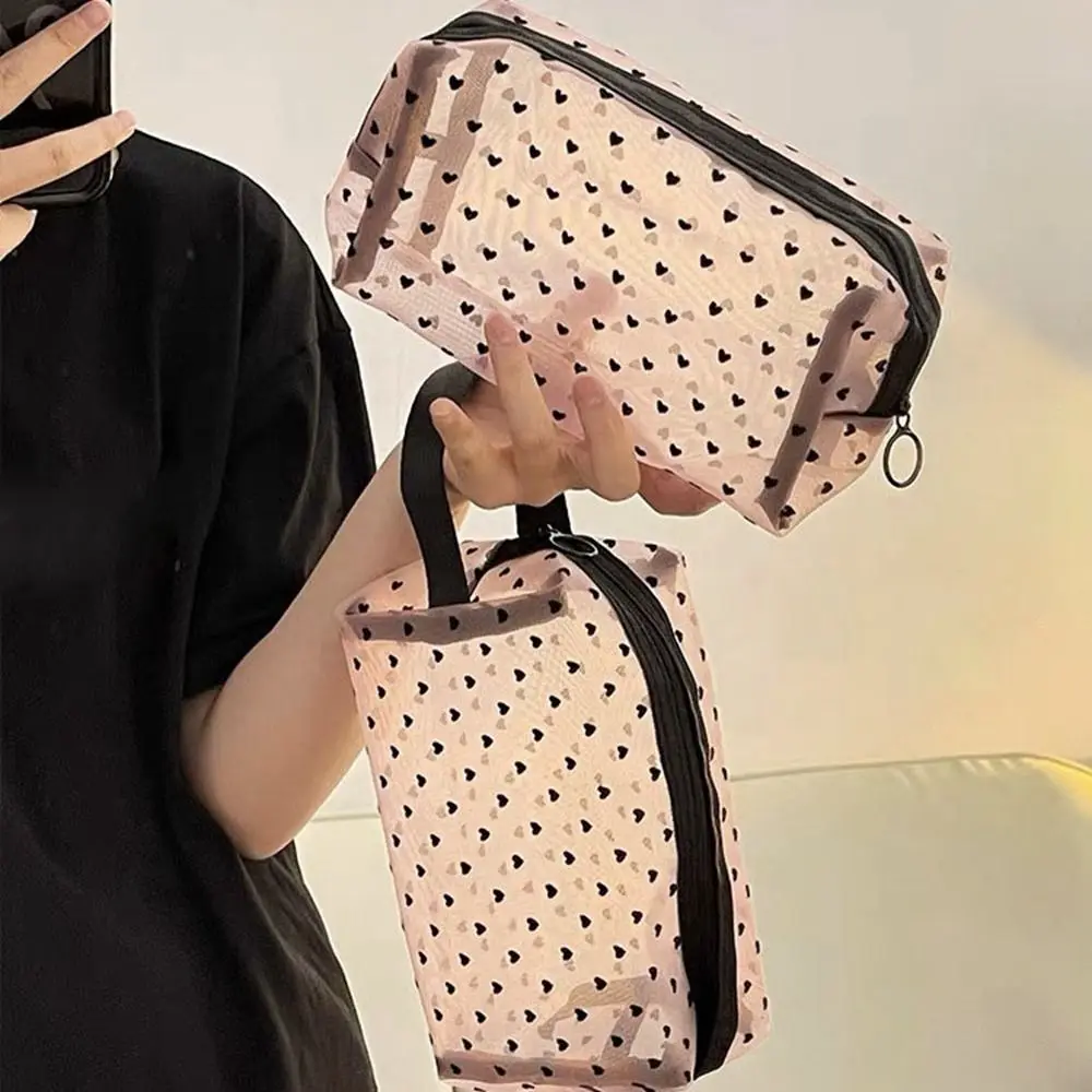 New Heart Transparent Mesh Makeup Bag Black/Pink Portable Ladies Toiletry Storage Bag Multifunction Lipstick Organizer Bags