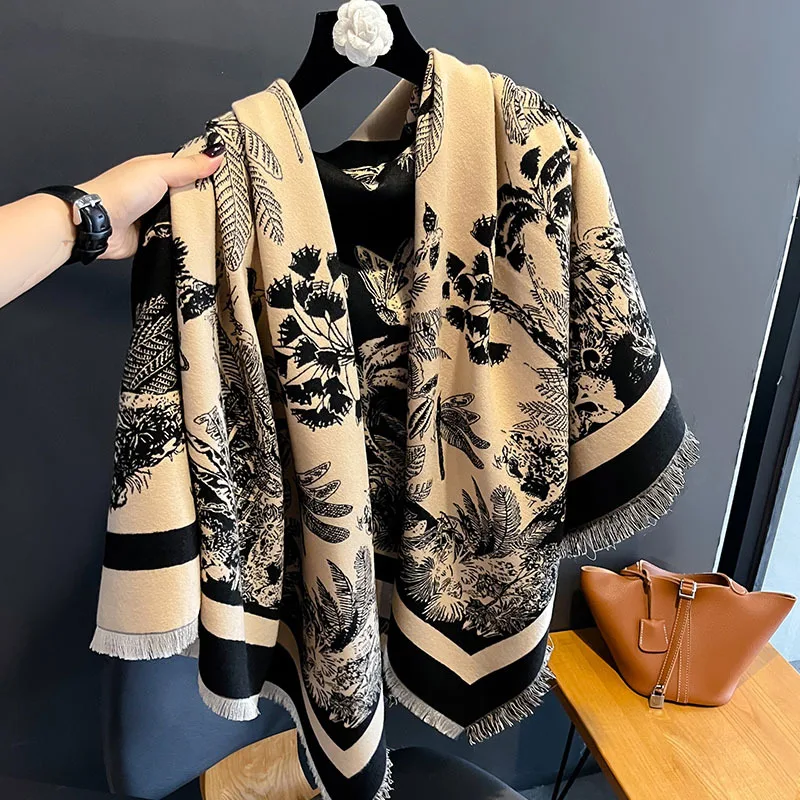 Luxury Brand Cashmere Women Floral Scarf Winter Warm Shawl and Wrap Bandana Pashmina Female Foulard Square Thick Blanket 2024