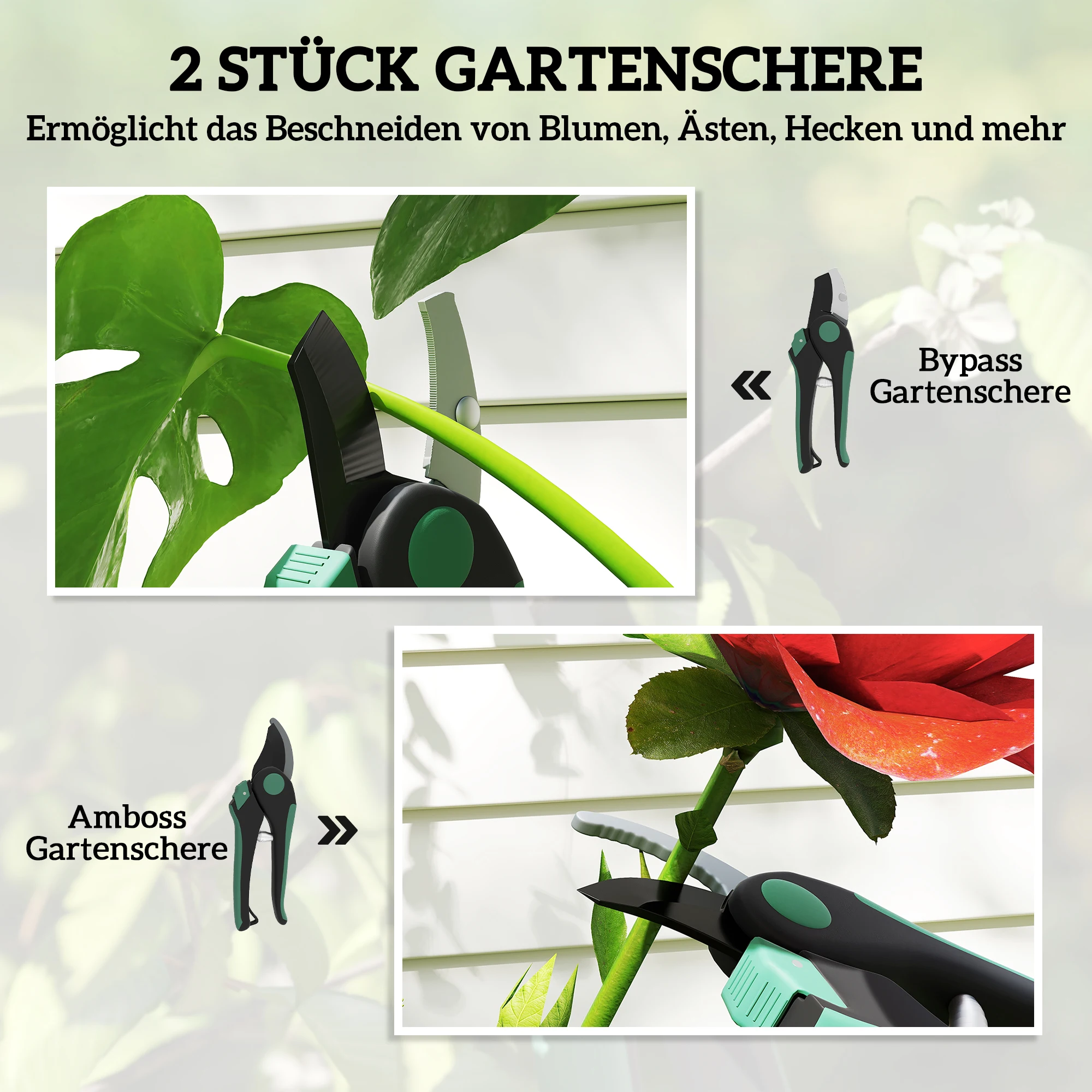 Garden tool set, 2 pieces, metal garden tools with garden shears, green and black